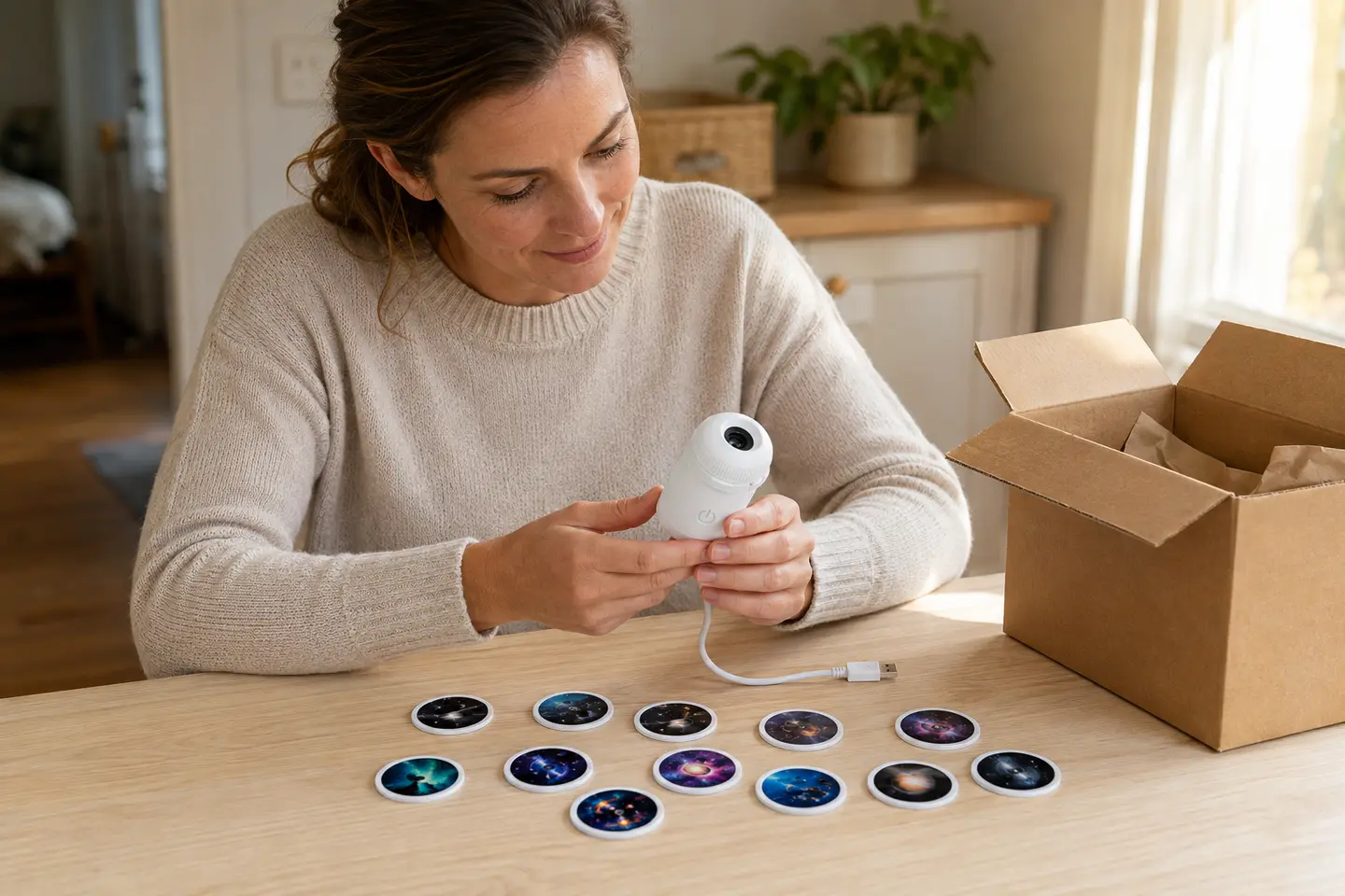StarNest projector and its round scene discs arranged on a family dining table
