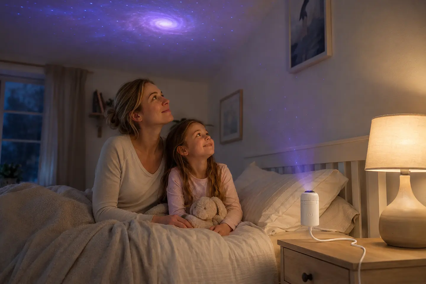 A parent and child sharing a calm bedtime beneath a soft galaxy projection