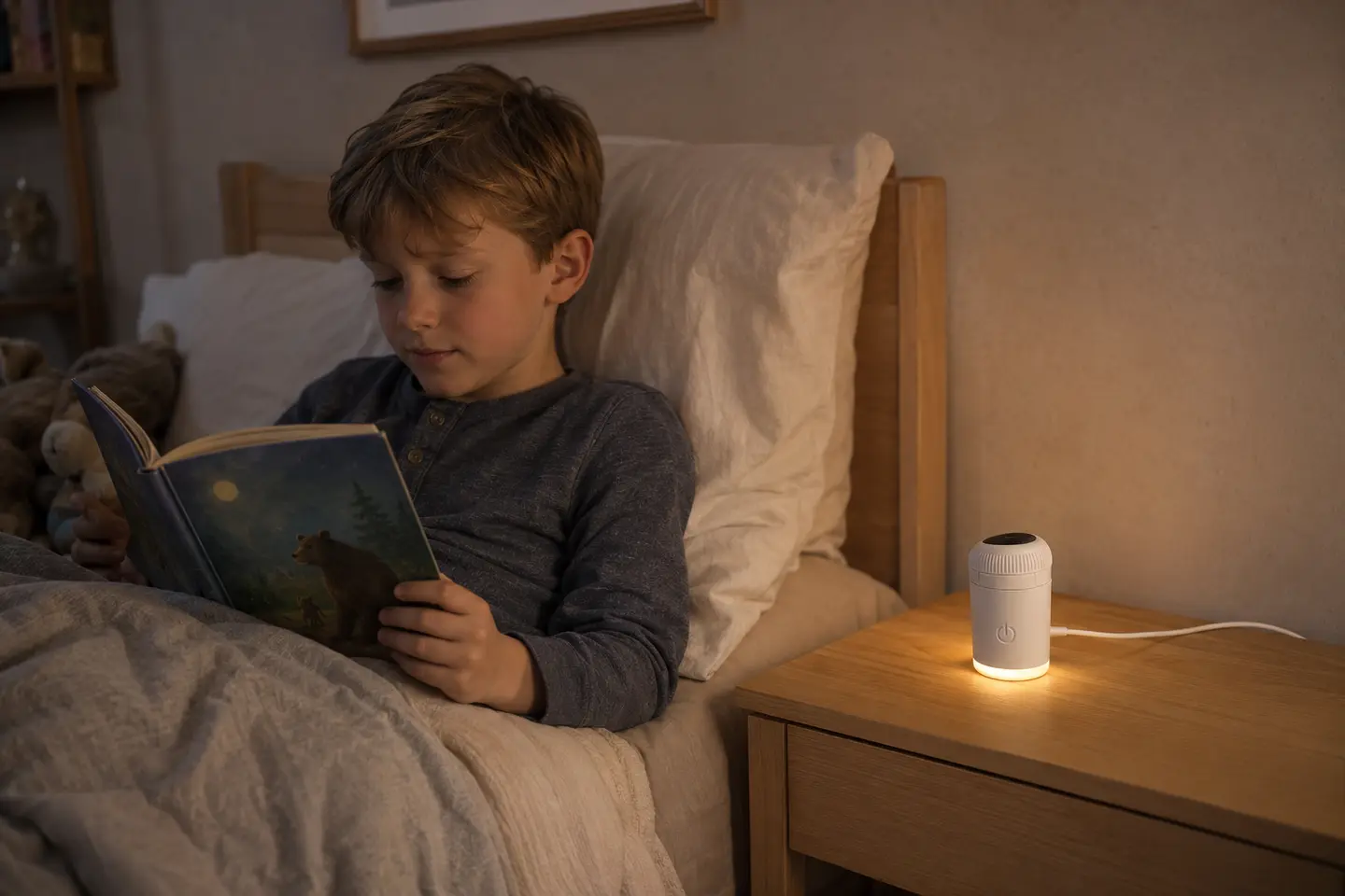 A child reading beside StarNest used only in its warm night-light mode
