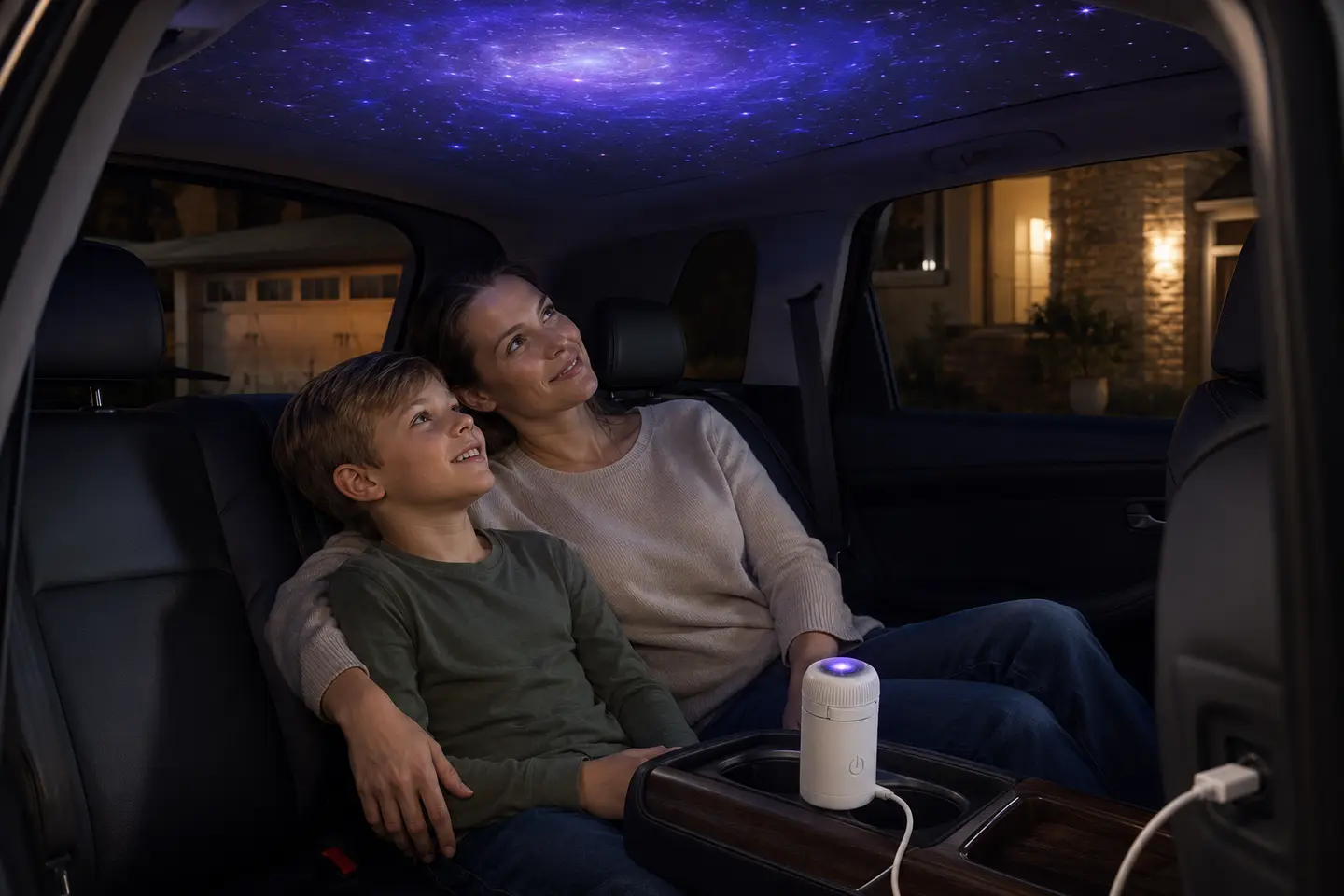 A family enjoying a StarNest projection inside a safely parked car